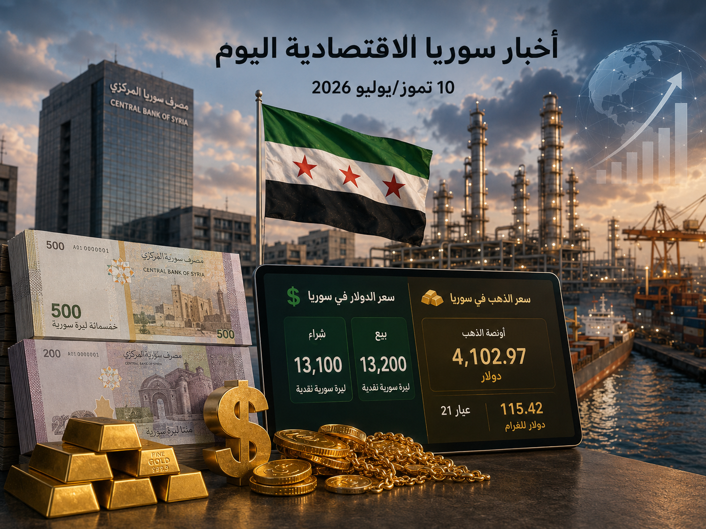 سعر الدولار وسعر الذهب في سوريا اليوم الجمعة 10 تموز/يوليو 2026: إزالة سوريا من قائمة الإرهاب ومشاريع الطاقة والصناعة
